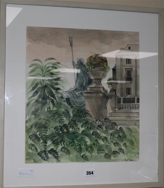 Robert Tavener, ink and watercolour, statue of Neptune on terrace, 42cm x 36cm